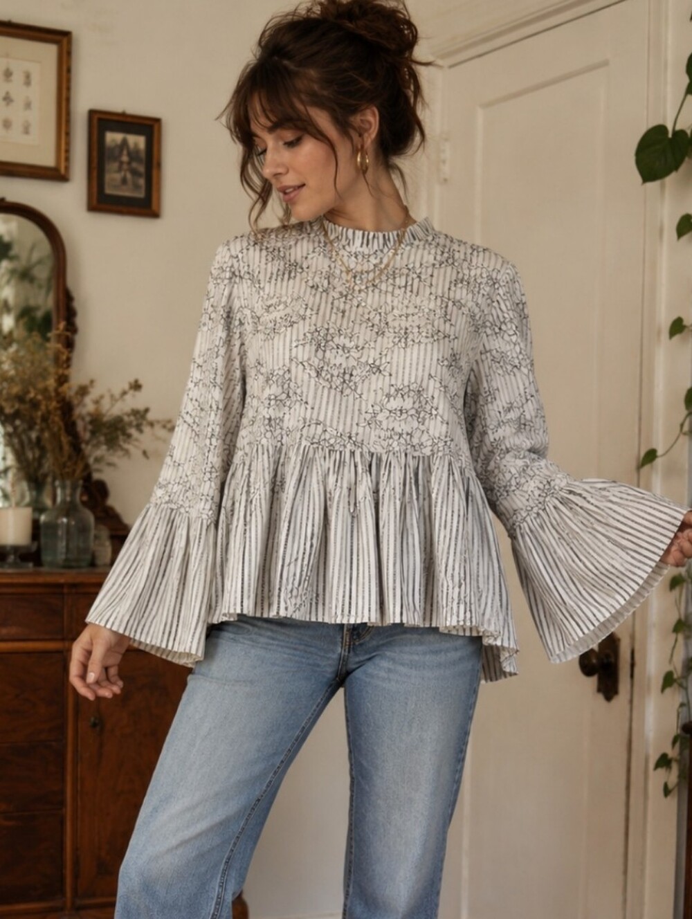 Zara Black and White Striped Floral Blouse